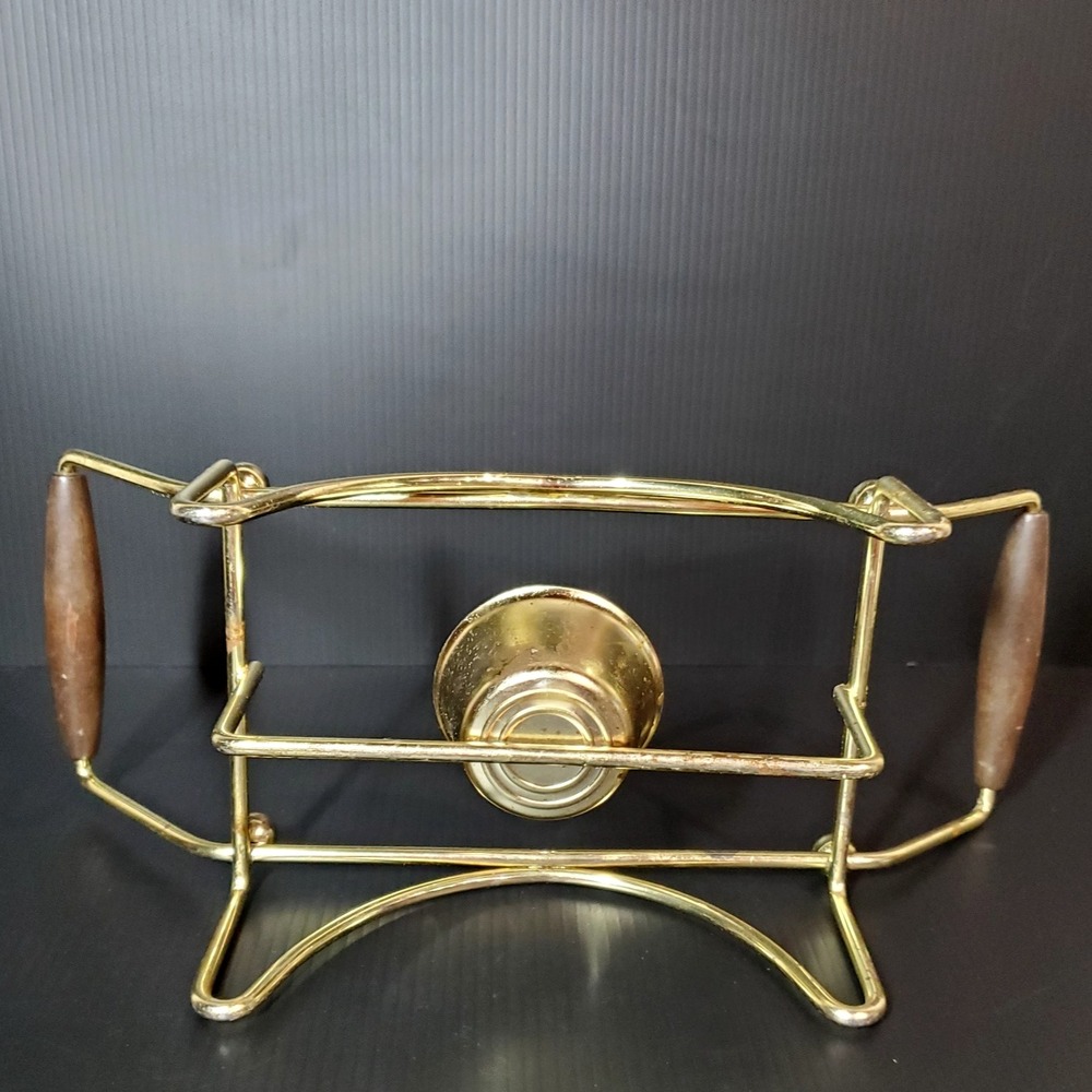 Vintage Mid Century Modern chafing stand metal w/ wood handles, warming stand - Picture 5 of 12